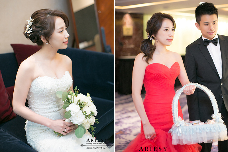 ARIESY新娘秘書,台北美式新秘,喜來登新娘婚禮,紅色禮服新娘造型,側邊馬尾造型,歐美新秘編髮盤髮