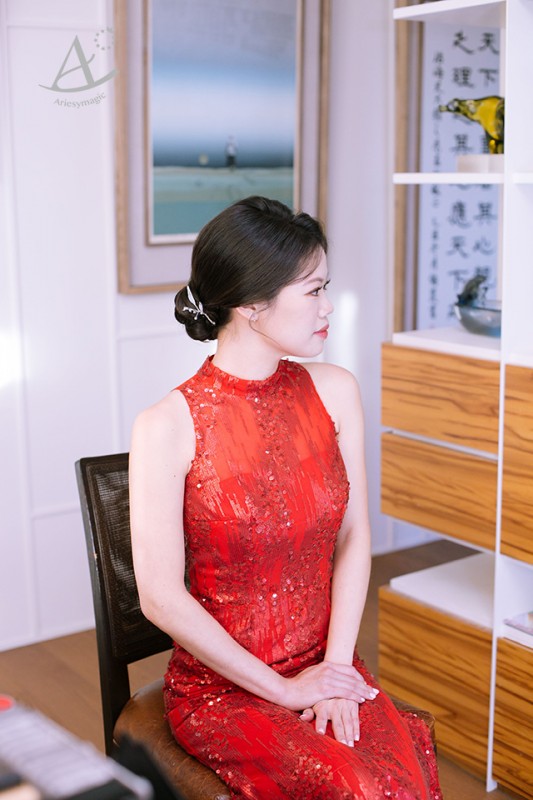 婚企新秘推薦,黑髮新娘,中式旗袍造型,紅色旗袍禮服,愛瑞思新秘,ARIESY婚紗