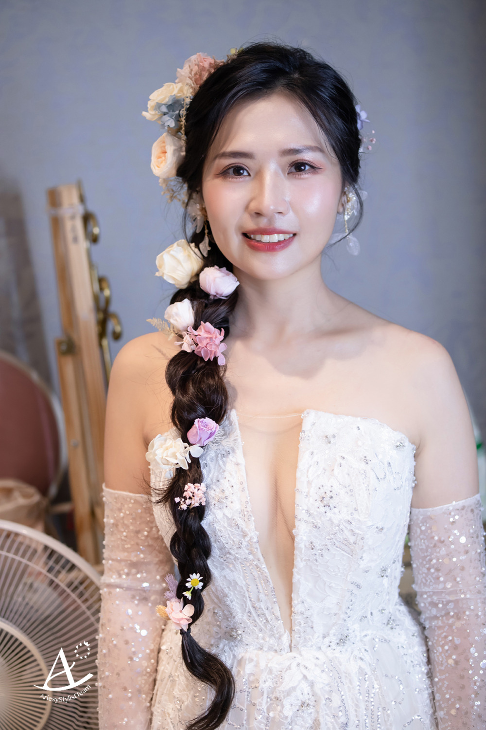 桃園新秘,白紗造型,澎拜花藝,花藝,側編髮