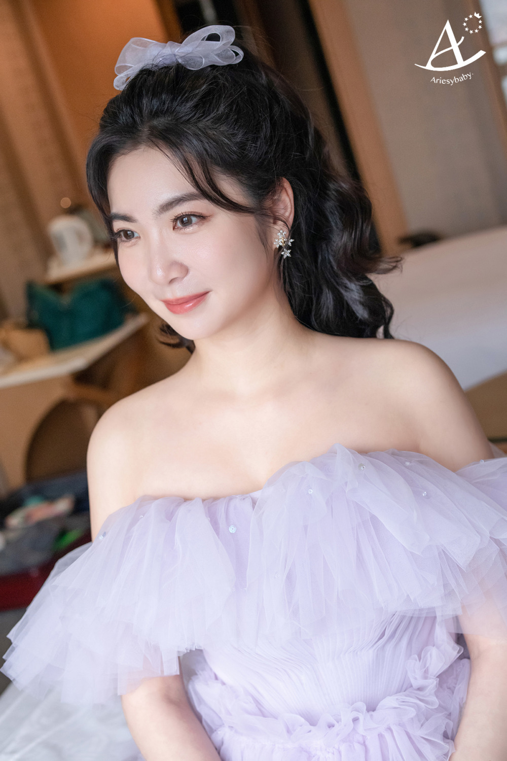 公主頭造型,蝴蝶結造型,紫色晚禮服,台北新祕,甜美風