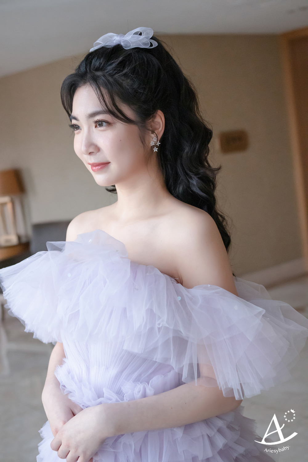 公主頭造型,蝴蝶結造型,紫色晚禮服,台北新祕,甜美風