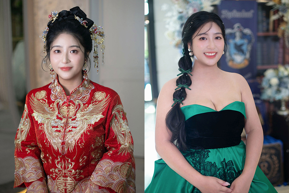 中式古裝新娘盤髮造型,秀禾新娘頭飾妝髮,龍鳳褂文定新娘造型,中式髮型新秘推薦ariesy,送客綠色緞面黑色絨布復古甜美名媛蝴蝶結編髮新娘造型,維多麗亞哈利波特主題婚禮場地佈置