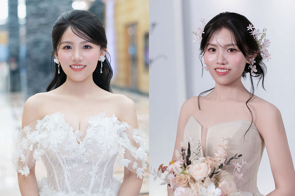 花花亮亮桃心領ariesy證婚進場白紗,小紅書側髮髻花藝鬚鬚仙女新娘造型,韓系新娘妝髮