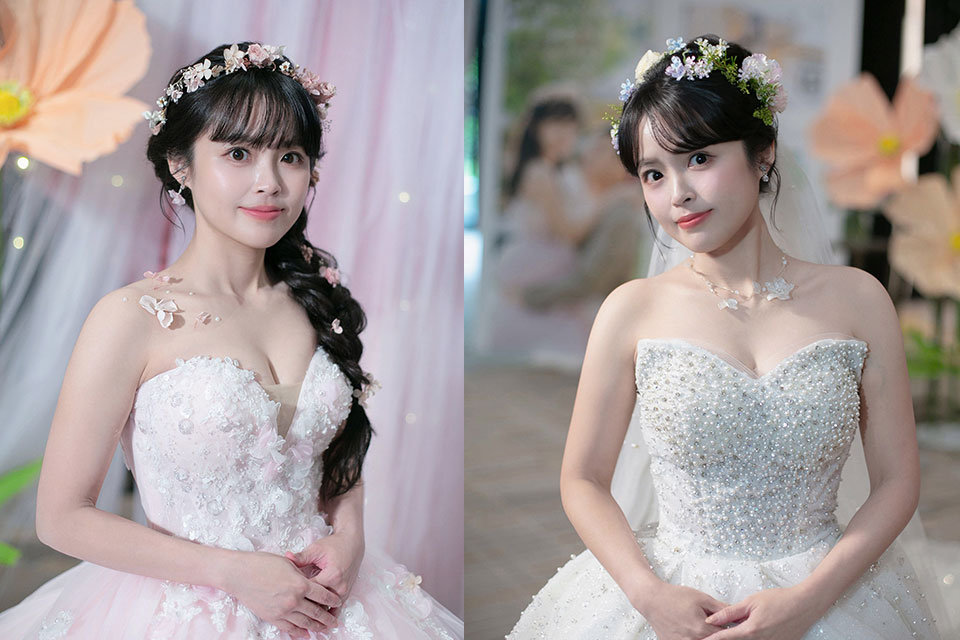 板橋希爾頓婚禮｜原生黑髮新娘的日系仙氣花藝美學：現場手插鮮花頭飾與手縫粉色花藝禮服