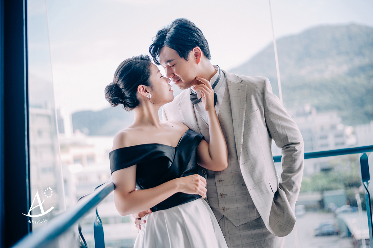 尾牙禮服出租,黑白緞面禮服,前短後長婚紗,婚紗攝影工作室,十三行博物館婚紗,超短髮黑髮新娘造型,韓風情侶寫真