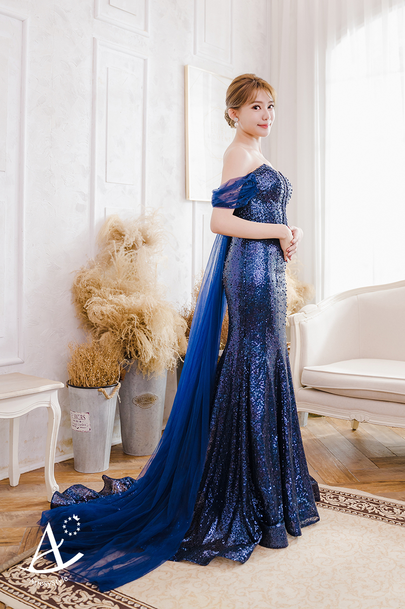 台北婚紗租借推薦,婚紗禮服出租,深藍色蝴蝶結亮片禮服,深藍色禮服,送客禮服推薦,敬酒禮服推薦,ARIESY愛瑞思