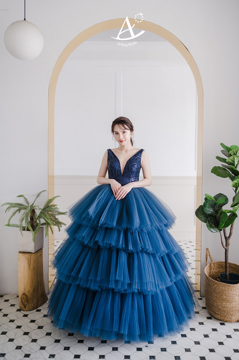 深藍色蛋糕裙,台北婚紗工作室推薦,禮服出租,愛瑞思婚紗,ARIESY