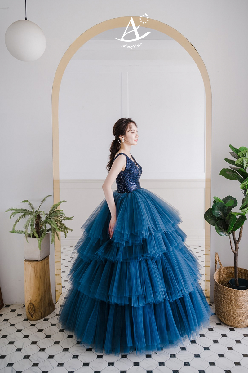 深藍色蛋糕裙,台北婚紗工作室推薦,禮服出租,愛瑞思婚紗,ARIESY