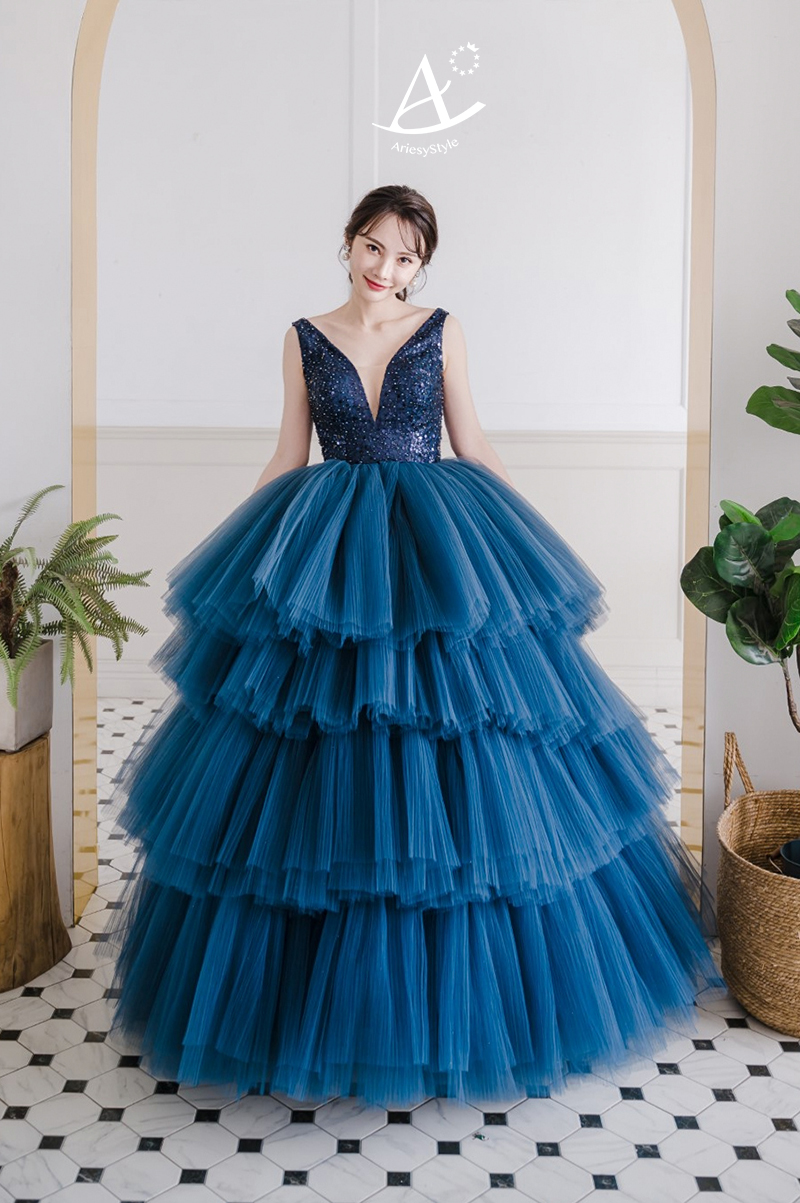 深藍色蛋糕裙,台北婚紗工作室推薦,禮服出租,愛瑞思婚紗,ARIESY