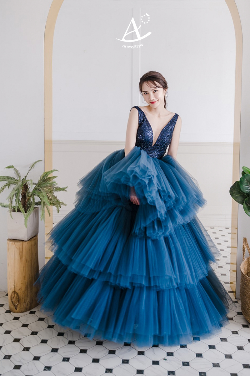 深藍色蛋糕裙,台北婚紗工作室推薦,禮服出租,愛瑞思婚紗,ARIESY