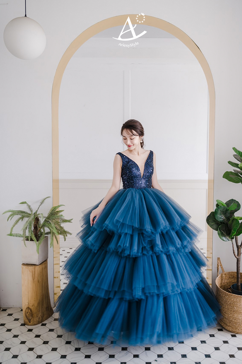 深藍色蛋糕裙,台北婚紗工作室推薦,禮服出租,愛瑞思婚紗,ARIESY