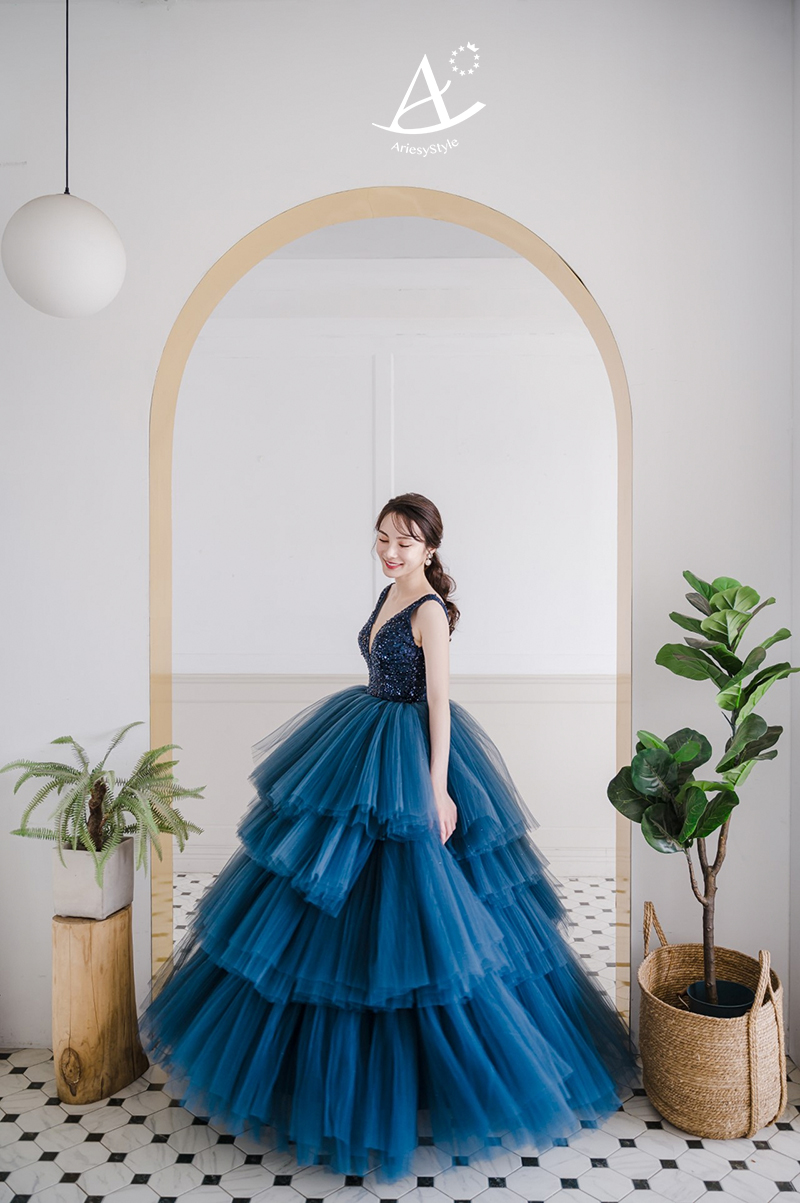 深藍色蛋糕裙,台北婚紗工作室推薦,禮服出租,愛瑞思婚紗,ARIESY