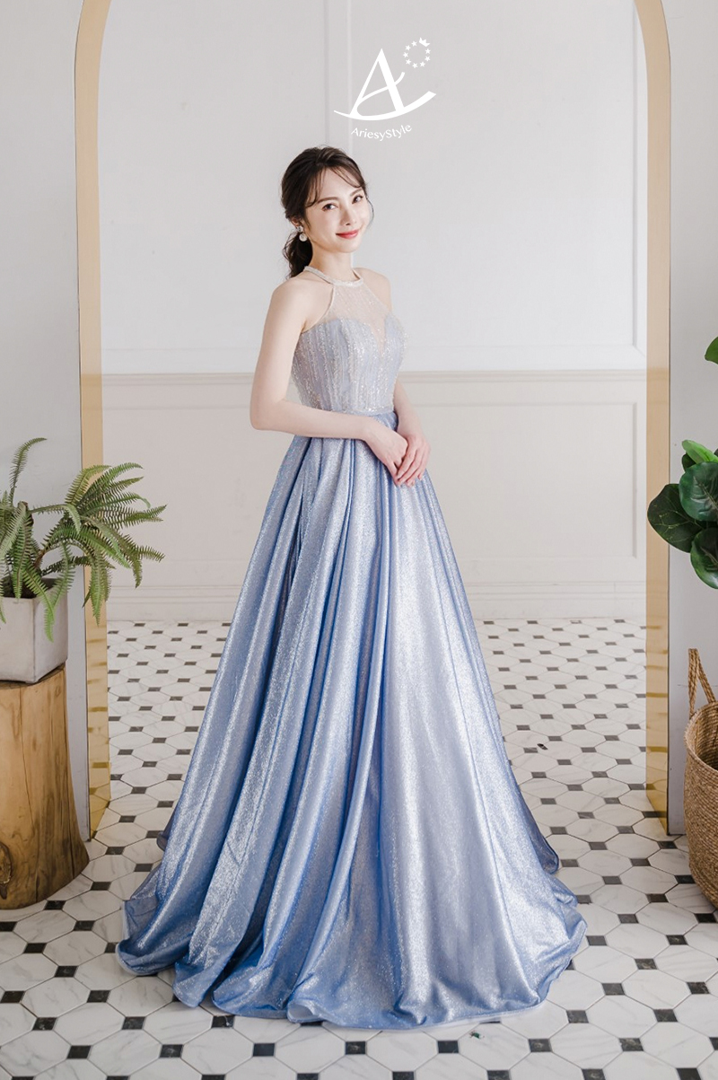 削肩銀藍禮服,台北婚紗工作室推薦,禮服出租,愛瑞思婚紗,ARIESY,晚會尾牙禮服推薦