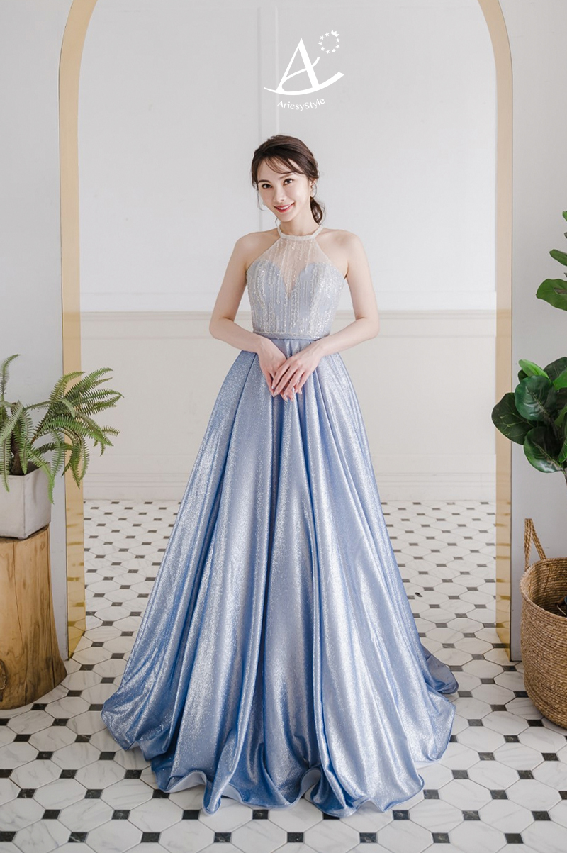 削肩銀藍禮服,台北婚紗工作室推薦,禮服出租,愛瑞思婚紗,ARIESY,晚會尾牙禮服推薦