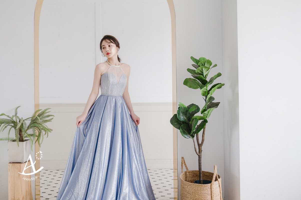 削肩銀藍禮服,台北婚紗工作室推薦,禮服出租,愛瑞思婚紗,ARIESY,晚會尾牙禮服推薦